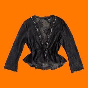 00's vintage brown floral lace boho sequins y2k open front cardigan LARGE